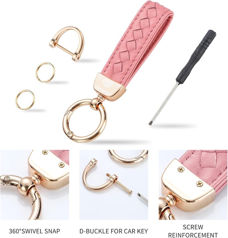 Hamdecro Store Genuine Leather Keychains, Handmade Knit Sheepskin Car Key chain for Women, Universal Key Fob Holder with 360 Degree Rotatable, Anti-Lost D-Ring, 2 Keyrings and 1 Screwdriver – Pink - Image 3